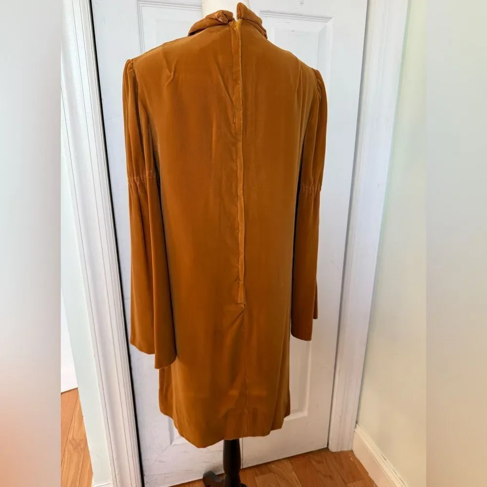1970s Mustard Colored Rich Velvet High-Collar Dress